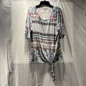 One World Live And Let Live Blouse Tunic Womens Large Flare Short Sleeve